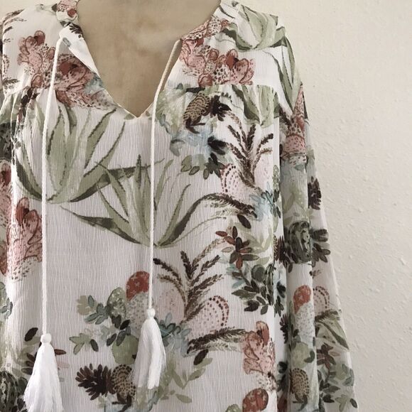 Chicos Ivory Floral Crinkled Boho Gypsy Tunic Top Long Sleeve Blouse NWOT - L - Picture 2 of 9